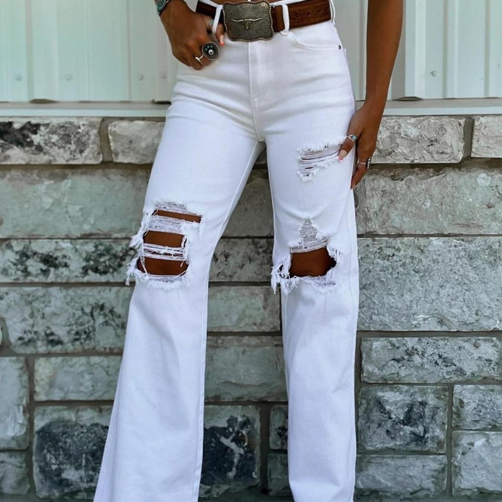 Women's White High Rise Wide Leg Distressed Jeans
